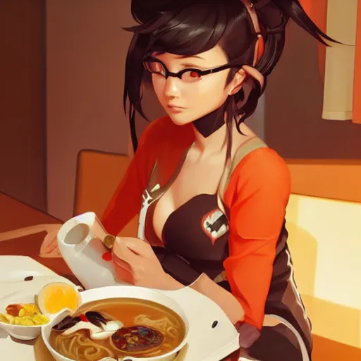 Image similar to Overwatch girl eating Ramen. By ilya kuvshinov, krenz cushart, Greg Rutkowski, trending on artstation. Glossy materials, sharp highlights, amazing textured brush strokes, accurate shape, clear curvy details, cinematic soft volumetric studio lighting, with backlight, VFX, HDR