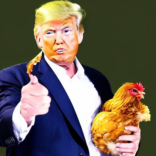 Prompt: donald trump holding a chicken, portrait,
