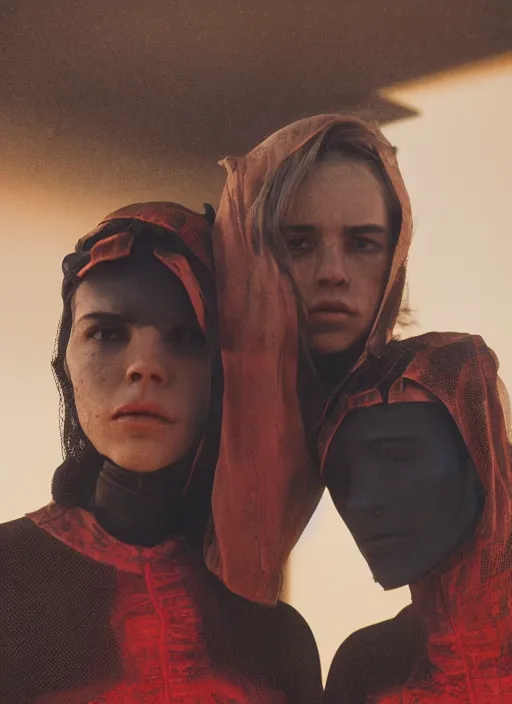 Image similar to cinestill 5 0 d photographic portrait by steve mccurry of two loving female androids wearing rugged black mesh techwear in a brutalist compound with a red sky, extreme closeup, cyberpunk style, dust storm, 8 k, hd, high resolution, 3 5 mm, f / 3 2, ultra realistic faces, ex machina