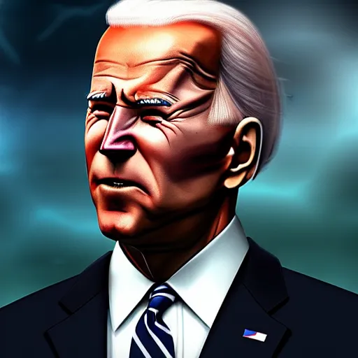 Image similar to Huge, Frowning Joe Biden. Glowing eyes, thunderstorm. Final form. Best of ArtStation
