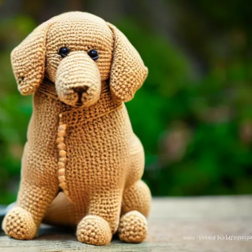 Prompt: a crochet golder retriever, very cute, kawaii, extremely detailed, complex, intricate, Sigma 50mm f/1.4