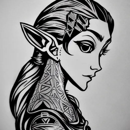 Prompt: tattoo design, stencil, portrait of princess zelda by artgerm, symmetrical face, beautiful, anime