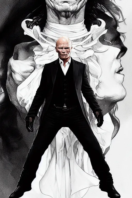 Image similar to ed harris as the man in black, westworld, wearing an all white outfit in the style of art by artgerm and greg rutkowski and alphonse mucha