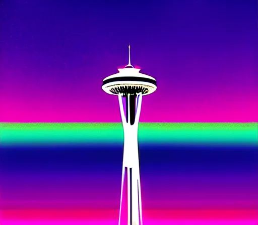 Image similar to a beautiful and immaculate balanced vaporwave ombre scene depicting outrun style seattle and the space needle