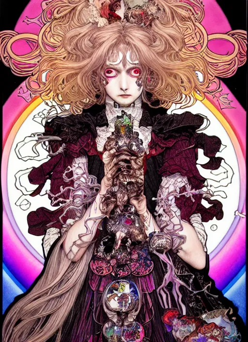 Prompt: highly detailed terada katsuya artstation ayami kojima manga poster of princess mechine enraged damaged angry zombie, rainbow gradient reflection, long hair, armor, dress, laces, ruffles, 8 k, maximalist,, jump comics, tomer hanuka, alphonse mucha