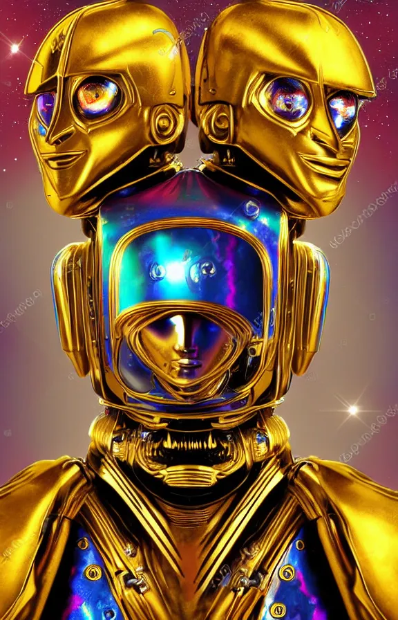 Prompt: portrait of a robot humanoid alien with golden armature, Lionel Messi face and medieval helmet. Galactic iridescent background in the style of Tim white and moebius