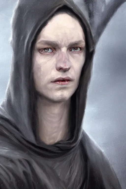 Prompt: a full body high detail fantasy portrait oil painting illustration of a small pale rogue by justin sweet with black cloak, face and body clearly visible, in a scenic background, visible pupils, realistic proportions, d & d, rpg, forgotten realms, artstation trending, high quality, sombre mood, artstation trending, muted colours, entire person visible!