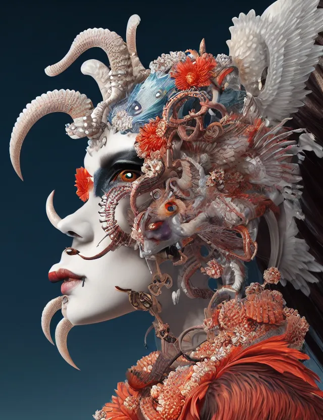 Image similar to 3 d goddess of hell close - up profile portrait with ram skull. beautiful intricately detailed japanese crow kitsune mask and clasical japanese kimono. betta fish, jellyfish phoenix, bio luminescent, plasma, ice, water, wind, creature, artwork by tooth wu and wlop and beeple and greg rutkowski