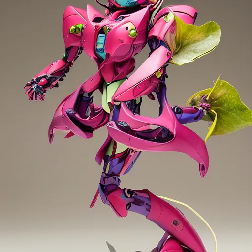 Prompt: futuristic nymphaea themed mecha waterlily upper body four arms vines, flower sepals forming helmet, evangelion, nymphaea, 8 k hd resolution, barbatos gundam with floral inlay, bandai box art, star wars, makoto kobayashi, frank gehry, raymond swanland