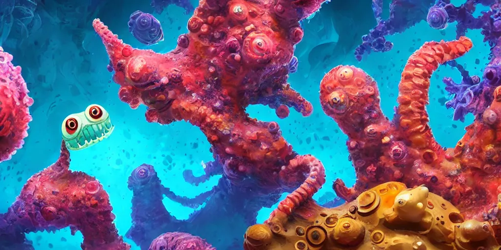 Image similar to of a colorful deep sea under water with strange cute friendly happy creatures with huge eyes, mouth, long tongue and round teeth appearing from sandy coral, in the style of gehry and gaudi, macro lens, shallow depth of field, ultra detailed, digital painting, trending artstation, concept art, illustration, cinematic lighting, photorealism, epic, octane render