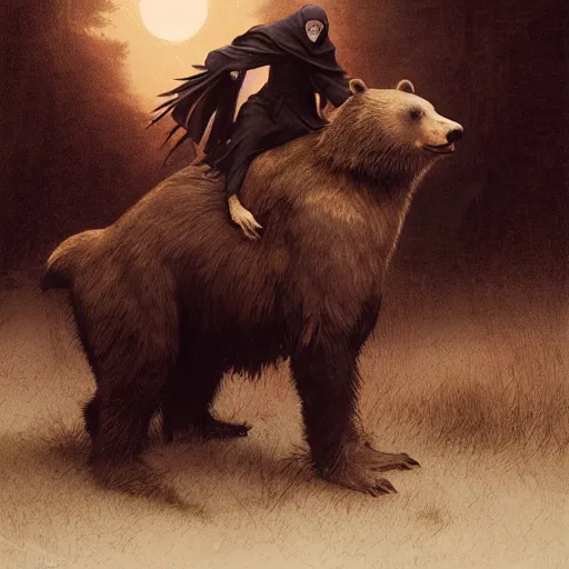 Image similar to nosferatu!!! riding!!! a bear!!, model pose, ultra realistic, concept art, intricate details, highly detailed, photorealistic, octane render, 8 k, unreal engine octane render art by artgerm and greg rutkowski and alphonse mucha