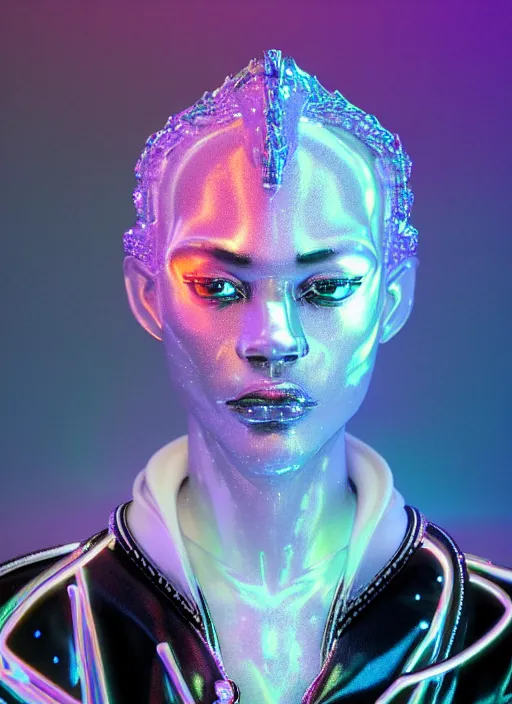 Image similar to photo of baroque and bladerunner delicate neon diamond sculpture of seductive ceramic albino prince reece king dotado creamy orange iridescent humanoid deity wearing white fluffy hoody holding diamond skull in a black metallic dungeon, reclining, glowing rainbow face, crown of white diamonds, cinematic lighting, photorealistic, octane render 8 k depth of field 3 d