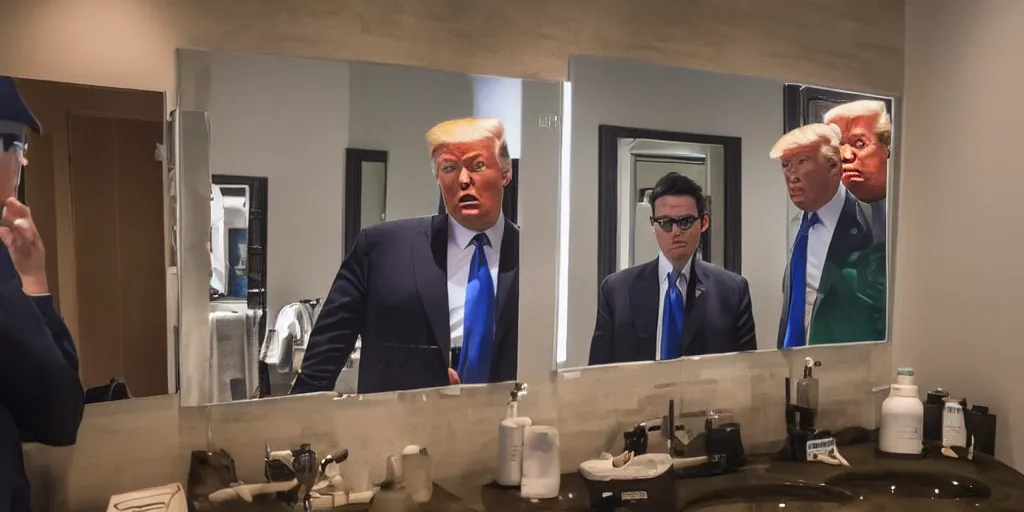 Prompt: ultra wide angle photo of donald trump dressed in a green flannel shirt and black dress pants as clark kent looking at himself in a bathroom mirror and seeing his reflection dressed as an orange skinned oompa loompa