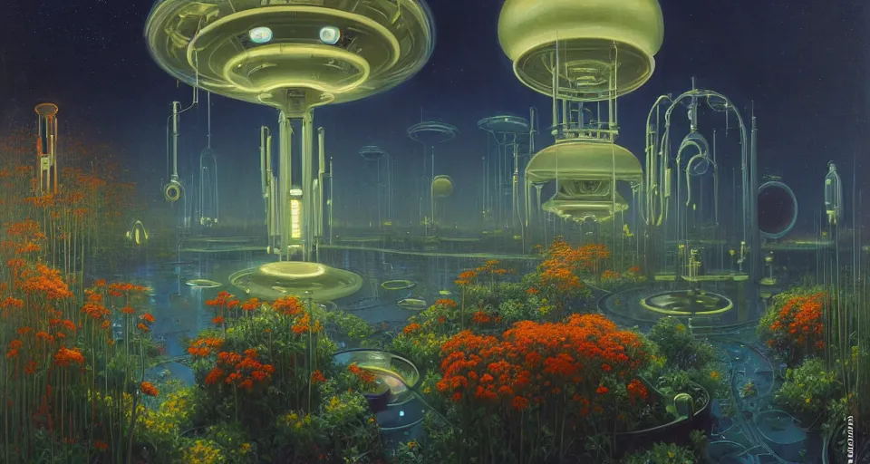 Image similar to a bright minimalist bioluminescent oil painting by donato giancola, warm coloured, cinematic scifi luxurious futuristic foggy steam filled victorian garden with microscopy radial windows flowers growing out of pretty bulbous ceramic fountains, gigantic pillars and flowers, maschinen krieger, beeple, star trek, star wars, ilm, atmospheric perspective