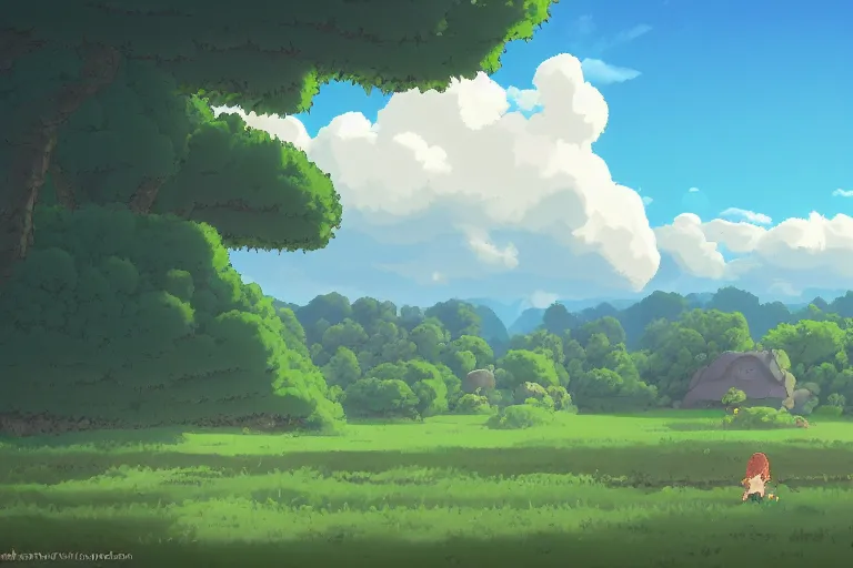 Image similar to landscape, summer, morning, beautiful cloud, quiet, no people, Ghibli, Anime Background, Miyazaki Hayao, concept art, illustration,smooth, sharp focus, intricate, super wide angle, trending on artstation, trending on deviantart, pixelart, pixelperfect, pixel art, pixel, color limit