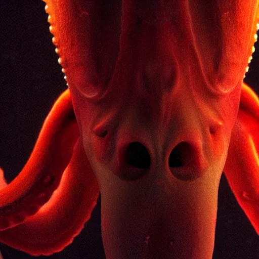 Image similar to A demon that looks like a squid, photorealistic, film still, desolate, terrifying, weird, strange, odd, uncanny, horrifying, horrific, spine-chilling, sinister, menacing, ominous, threatening