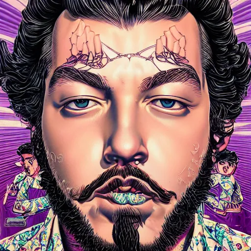 Prompt: portrait of post malone, symmetrical, glamour, by yoichi hatakenaka, masamune shirow, josan gonzales and dan mumford, ayami kojima, takato yamamoto, barclay shaw, karol bak, yukito kishiro