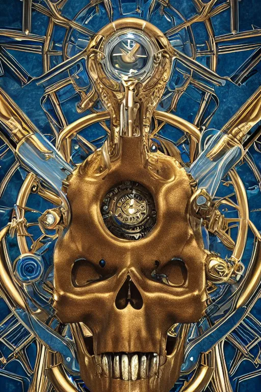 Image similar to clean 3 d render ultra detailed of a skull, intricate art deco and steam punk gears details inside, hyperrealistic, volumetric lighting, ultra detailed, elegant, octane render, blue and gold, 8 k, trending on artstation, unreal engine