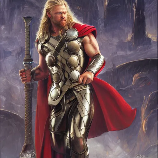 Image similar to Thor holding Mjolnir, detailed, centered, digital painting, artstation, concept art, donato giancola, Joseph Christian Leyendecker, WLOP, Boris Vallejo, Breathtaking, 8k resolution, extremely detailed, beautiful, establishing shot, artistic, hyperrealistic, beautiful face, octane render, cinematic lighting, dramatic lighting, masterpiece