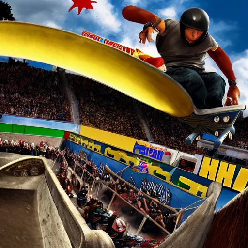 Image similar to roman chariot racer jumping in a skate park half-pipe, video game cover, intense, high detail, crowd cheering, wide lense, style of Tony Hawk