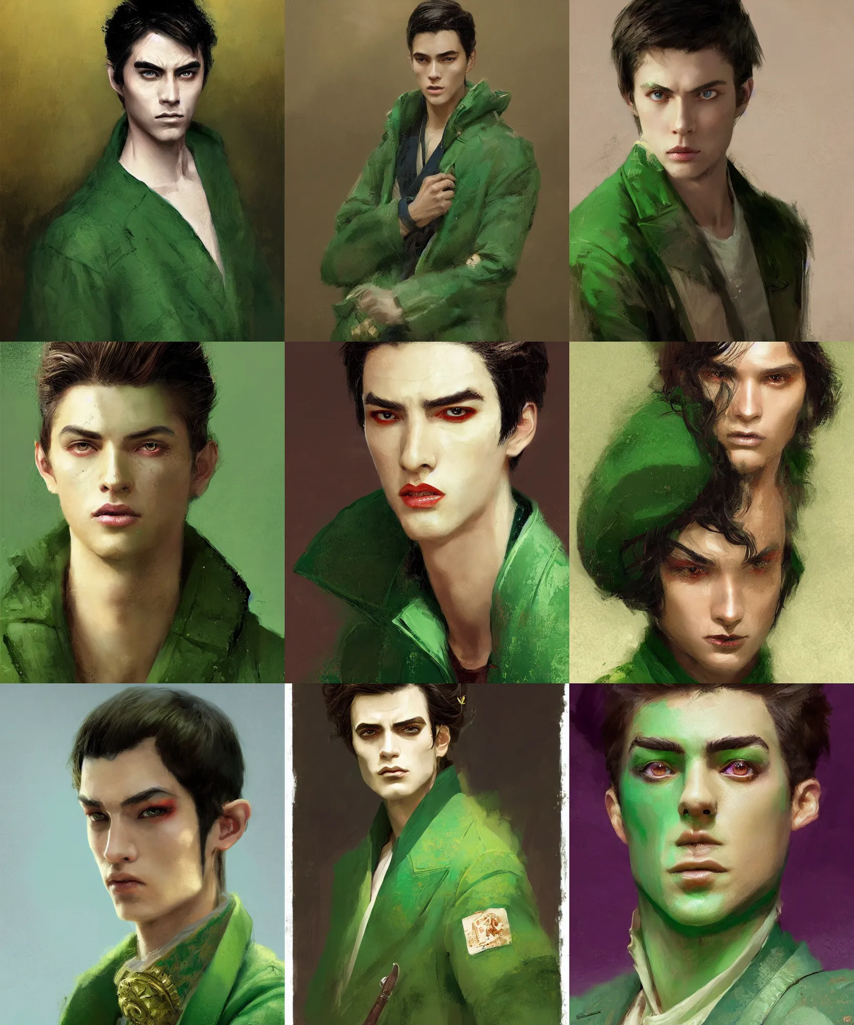 Prompt: digital art painting of young handsome guy dnd portrait, short straight hair, geisha make up, wearing a green jacket painted by craig mullins and gaston bussiere and greg rutkowski, symmetrical face, defined facial features, symmetrical facial features, dramatic lighting, ambient lighting, close up