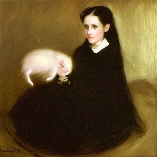 Image similar to “ a portrait of a dark haired girl holding an albino rat, very detailed, oil painting, madame x, dark background, by of john singer sargent ”