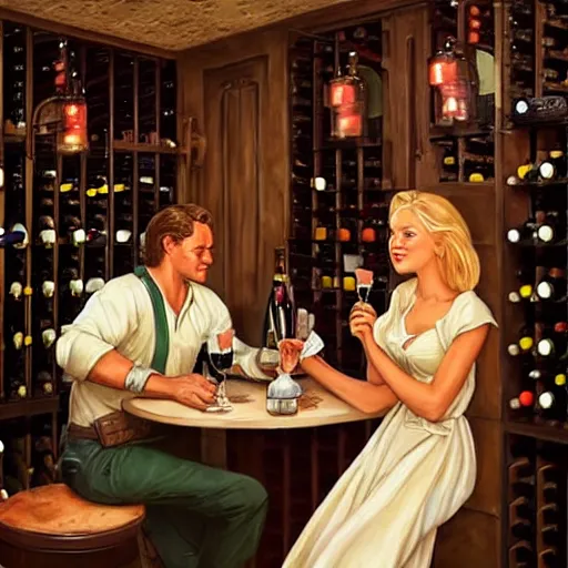 Image similar to Boba Fett and a beautiful young blonde drinking beer in a wine cellar, food, meat, schnapps, torches on the wall, romantic, inviting, cozy, painting by Vladimir Volegov