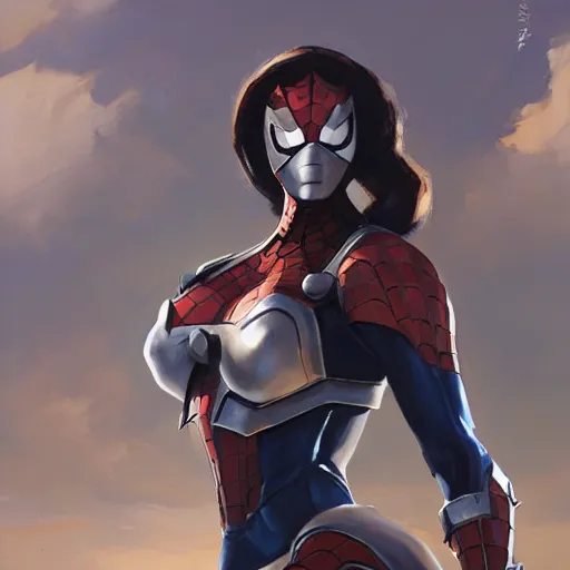 Image similar to greg manchess portrait painting of partially armored female iron spiderman as overwatch character, medium shot, asymmetrical, profile picture, organic painting, sunny day, matte painting, bold shapes, hard edges, street art, trending on artstation, by huang guangjian, gil elvgren, ruan jia, greg rutkowski, gaston bussiere