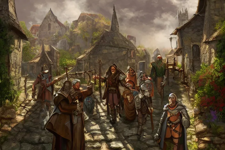 Image similar to A small medieval village, fantasy, D&D, concept art, sharp focus, trending on artstation, digital painting, people in frame, midday, sunny, beautiful, texture, wizards of the coast, tabletop, roleplay