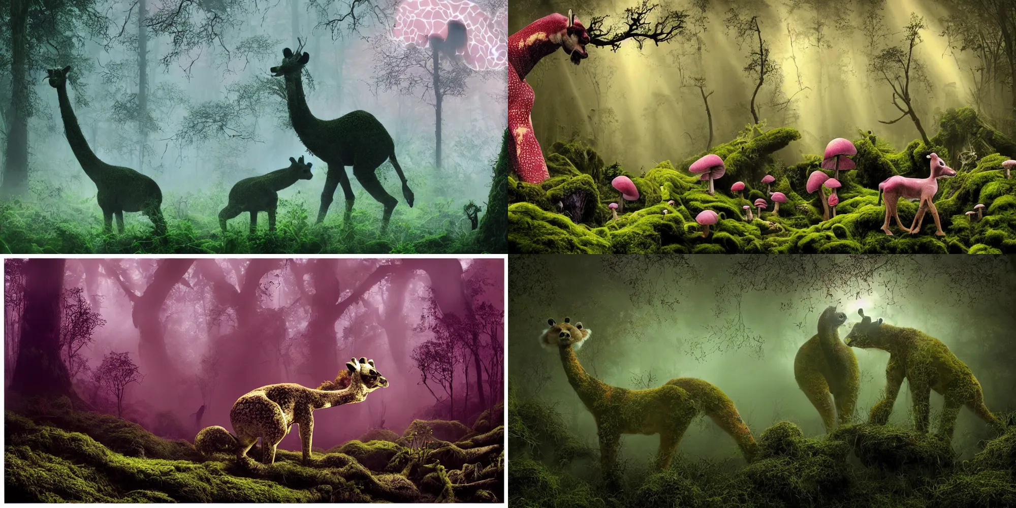 Prompt: organic mushroom lichen moss, giraffe panda chimera monster, silhouette of a strange long legged creature foraging through the undergrowth, smoke fog and crepuscular rays, rain and strands of muscus, bizarre, glowing eyes, salmon pink and gold and deep luscious green colour scheme, in the style of patrick woodroffe and salvador dali, dramatic lighting, volumetric lighting, 8k octane unreal render