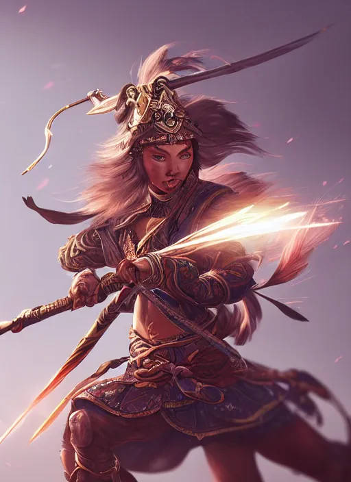 Prompt: a highly detailed illustration of fierce mongol warrior woman with bow, heroic shooting bow pose, intricate, elegant, highly detailed, centered, digital painting, artstation, concept art, smooth, sharp focus, league of legends concept art, wlop.