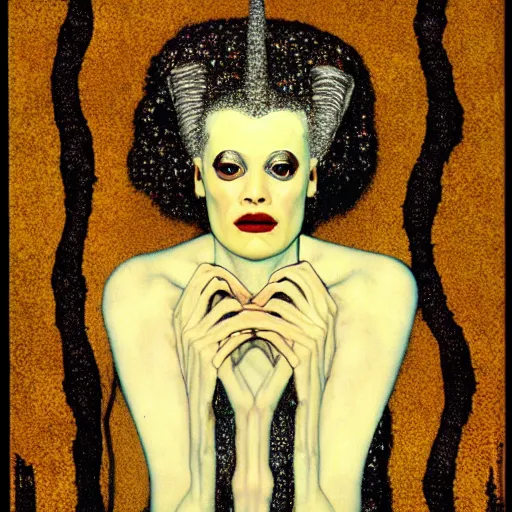 Image similar to bride of frankenstein influenced by gustav klimt.