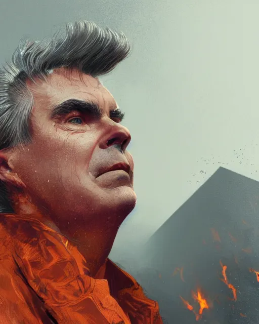 Prompt: a close - up of david byrne in front of a burning house, hyper realistic face, in the style of greg rutkowski, illustration, epic, fantasy, intricate, hyper detailed, artstation, concept art, smooth, sharp focus, vibrant