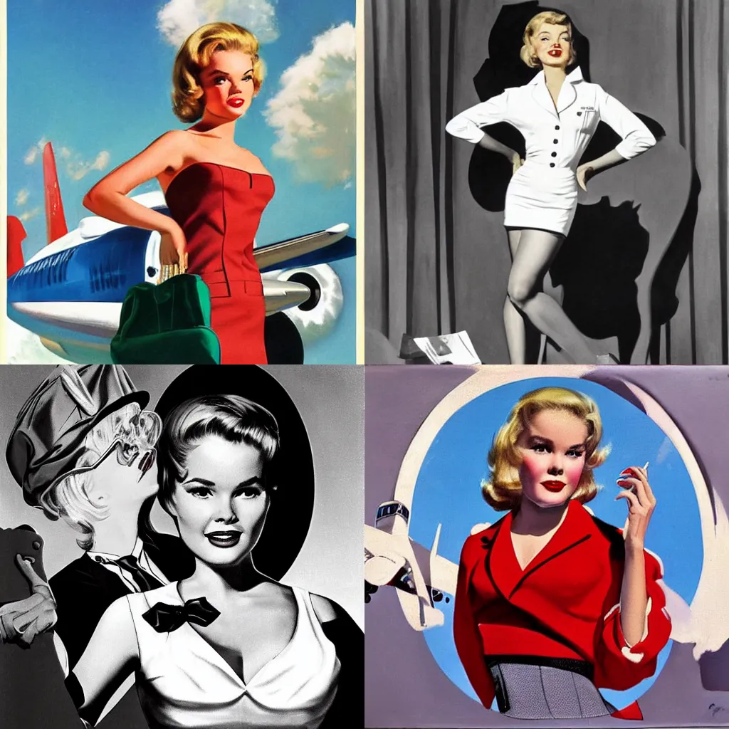 Prompt: Tuesday Weld as a TWA stewardess in 1964 by Gil Elvgren and Mort Kunstler