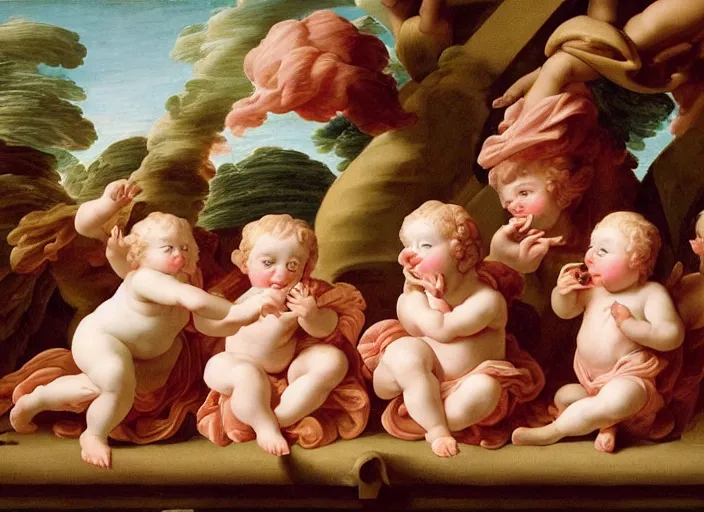 Image similar to cherubs eating cheeto's, extremely detailed, a baroque painting, rococo style