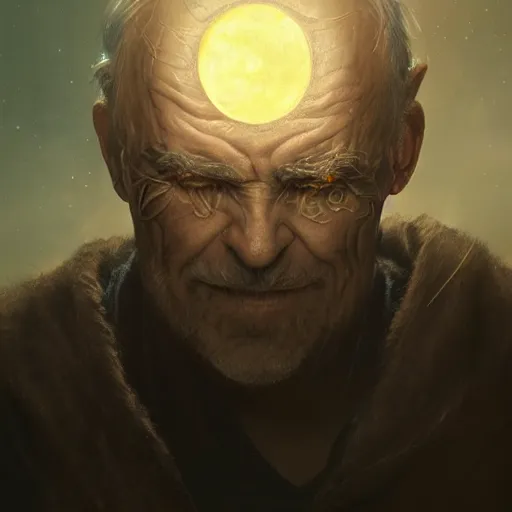 Prompt: close detail portrait old male saying Oooh with musical rune face Tattoos, mystical, digital fantasy art, hands straight down, float under moon light at night, at late evening by greg rutkowski and thomas kinkade, Trending on artstation