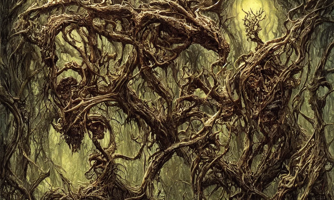 Image similar to hyperdetailed art nouveau portrait of treebeard as a chimera eyeball skull dragon monster, by micheal whelan, simon bisley and bill sienkiewicz, grim yet sparkling atmosphere, photorealism, claws, ribcage, fangs, forest, wild, crazy, scary, horror, lynn varley, lovern kindzierski, steve oliff