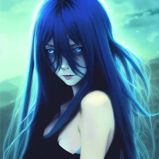 Prompt: attractive long blue - haired girl with bangs gothic anime character with amber eyes, noir, screenshot, anime, sharp focus, intricate, illustration, cell shaded, digital painting, highly detailed, concept art, matte, art by ilya kuvshinov, wlop, and greg rutkowski, studio quality, james jean, artem demura