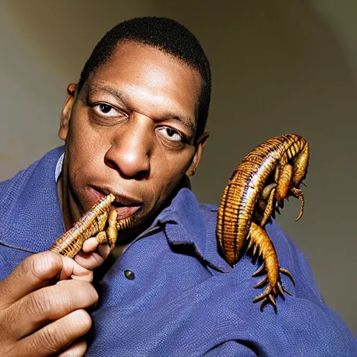 Image similar to john coltrane snuggling a giant mealworm