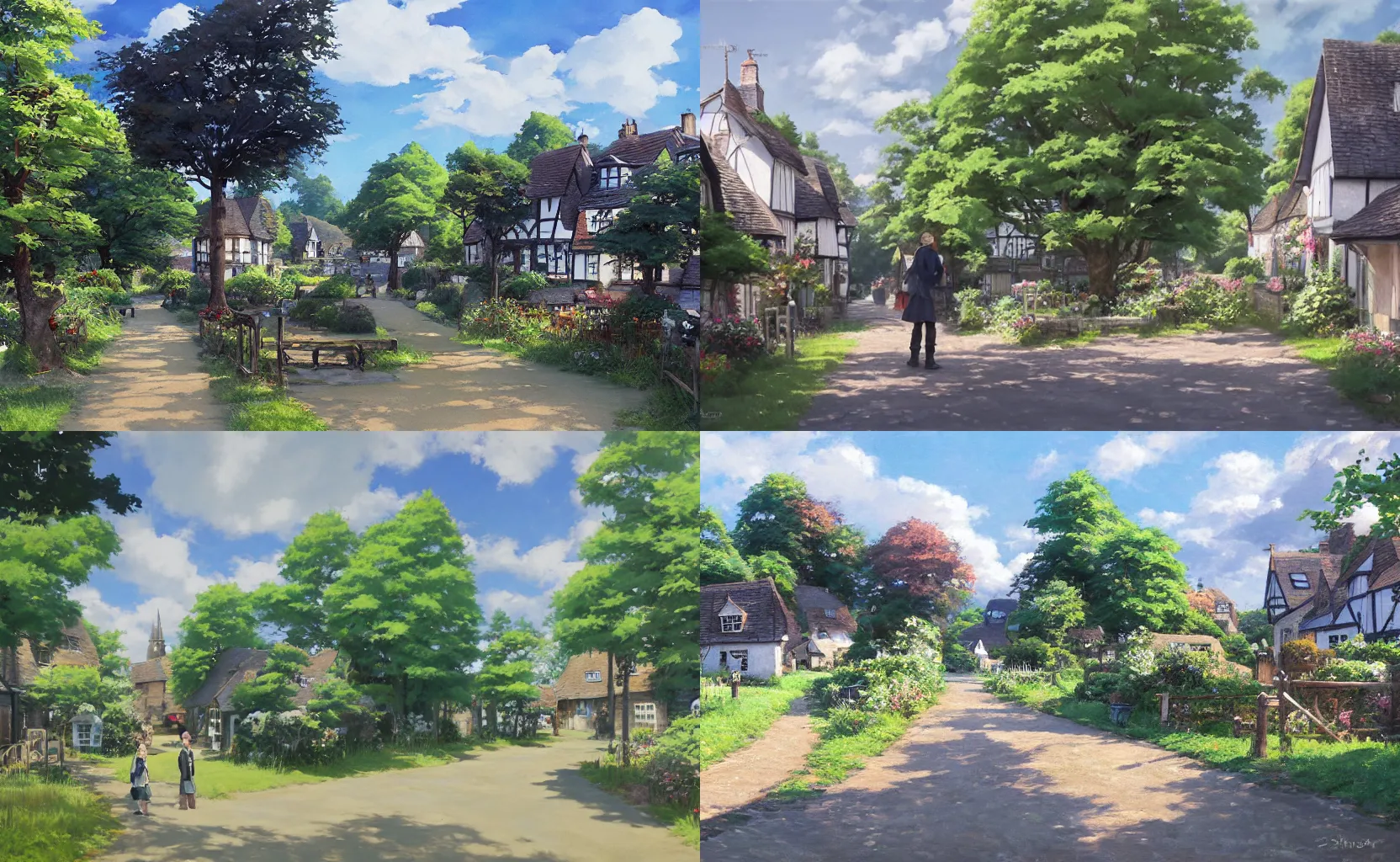 Prompt: a quaint rural English town, painting by Makoto Shinkai