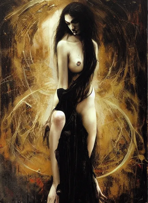 Prompt: mystic cult vampire woman, dark mystical fearful horror, dressed in black, seductive dangerous, perfect, by karol bak, nicola samori, masterpiece