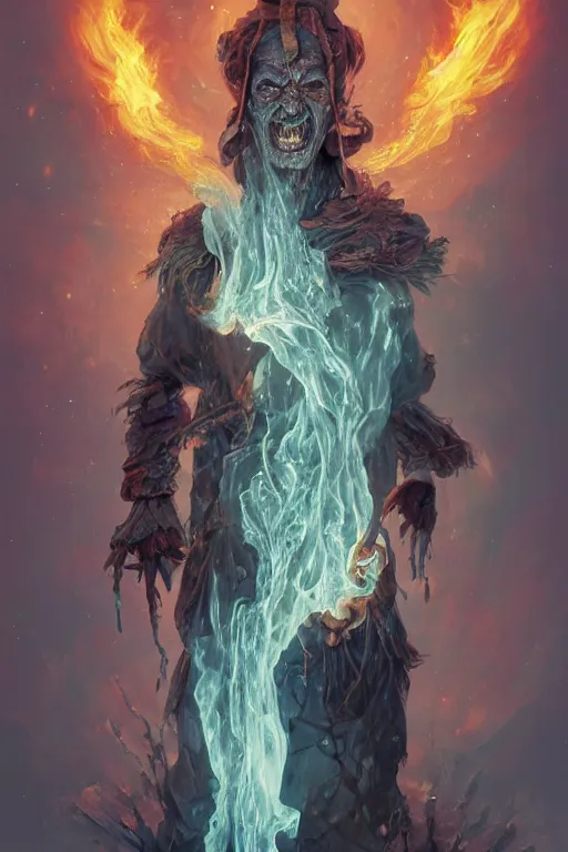 Image similar to the look of an elderly person necromancer witch - doctor covered with ice exploding into fire, full of wrinkles and imperfections, electricity highly detailed, high contrast, light reflection, trippy, nebula, trending on artstation by artgem, by peter mohrbacher, by wlop, by ruan jia