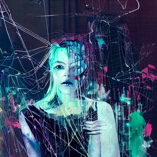 Prompt: i live in vr cyber dreams, glitchcore wires, machines, by jeremy mann, francis bacon and agnes cecile, and dave mckean ink drips, paint smears, digital glitches glitchart