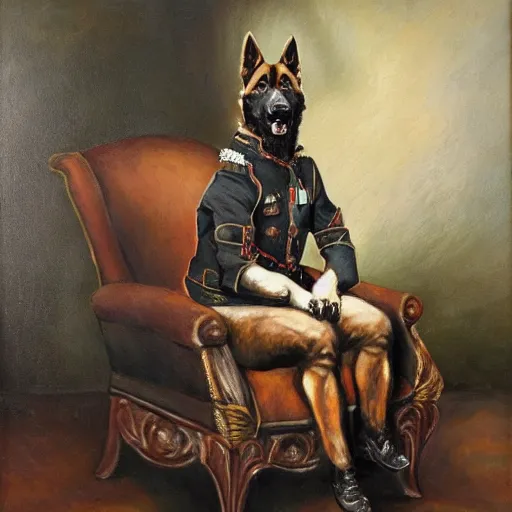 Image similar to a oil painting of a anthropomorphic german shepherd beast - man, wearing military outfit, sitting on an armchair