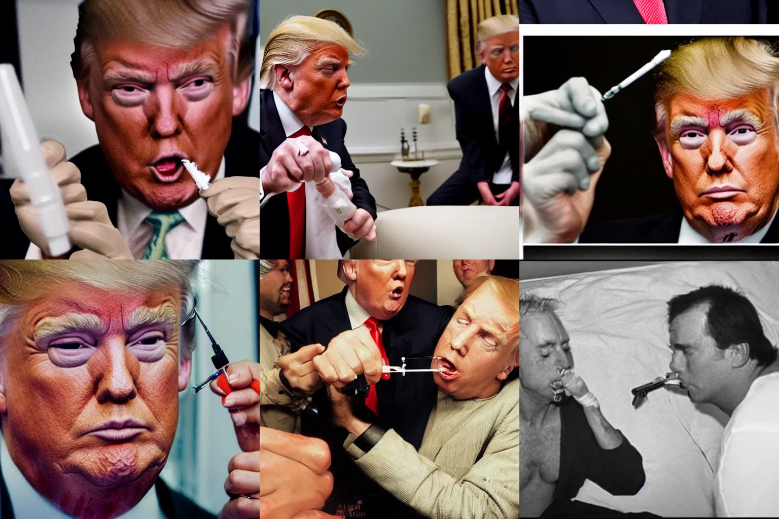 Prompt: donald trump injecting himself with hypodermic needle, trashy, dirty, drugs, undercover photograph