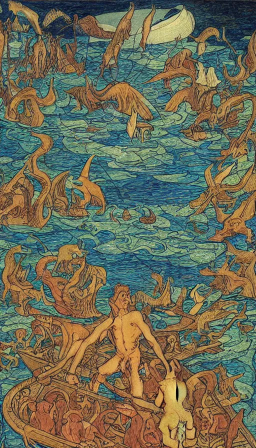 Prompt: man on boat crossing a body of water in hell with creatures in the water, sea of souls, by ivan bilibin,