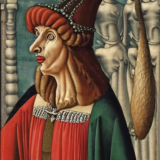 Image similar to portrait of an anthropomorphic velociraptor, dressed as an italian queen, sandro bottecelli, 1 5 0 0