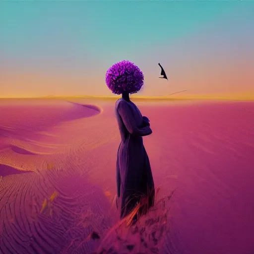 Image similar to portrait, giant purple dahlia flower head, woman between dunes, surreal photography, sunrise, blue sky, dramatic light, impressionist painting, digital painting, artstation, simon stalenhag