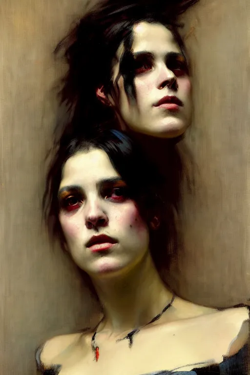 Image similar to solomon joseph solomon and richard schmid and jeremy lipking victorian genre painting full length portrait painting of a young beautiful woman punk rocker