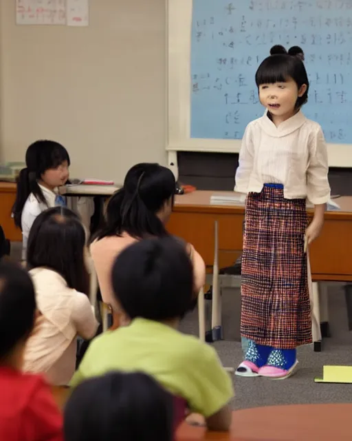 Prompt: a cute four year old Chinese girl standing at a Lectern, gives a lecture on advanced mathematics class at Harvard University in front of a class of adult students